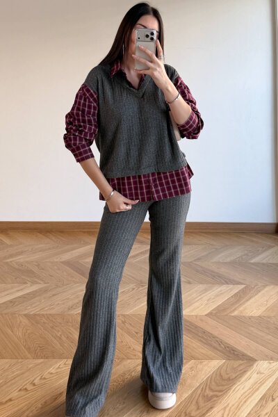 TKM-13370 Bordo Gri Ekose Triko Takım - Cappmoda (1)