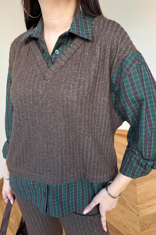 TKM-13370 Kahve Yeşil Ekose Triko Takım - 5