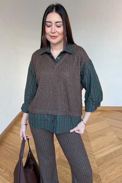 TKM-13370 Kahve Yeşil Ekose Triko Takım - 4