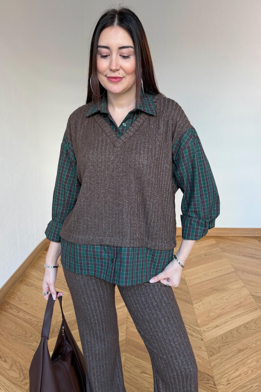 TKM-13370 Kahve Yeşil Ekose Triko Takım - 4