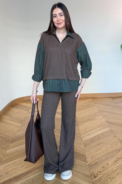 TKM-13370 Kahve Yeşil Ekose Triko Takım - 3