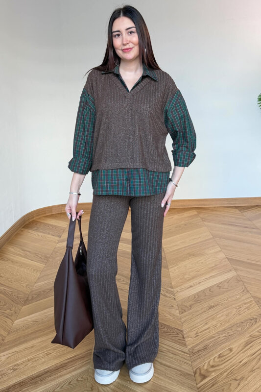 TKM-13370 Kahve Yeşil Ekose Triko Takım - 3