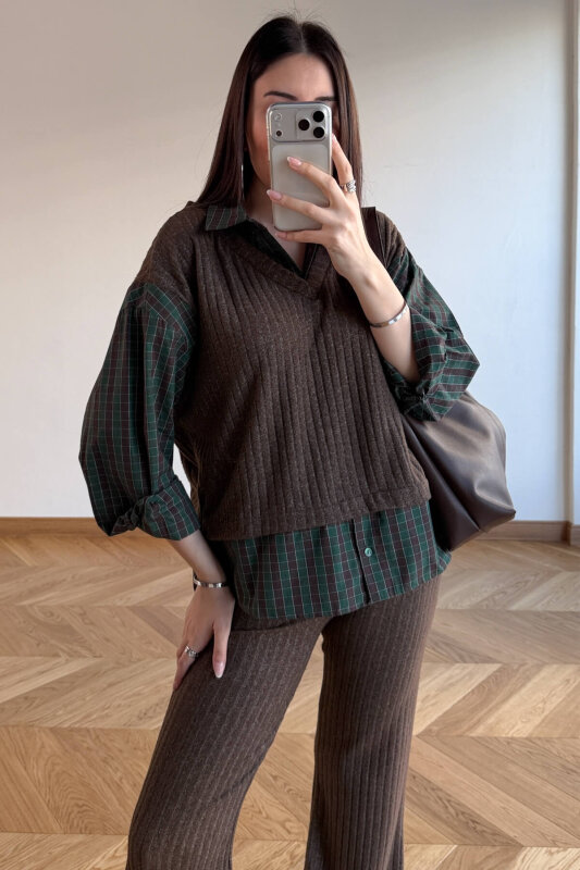 TKM-13370 Kahve Yeşil Ekose Triko Takım - 1