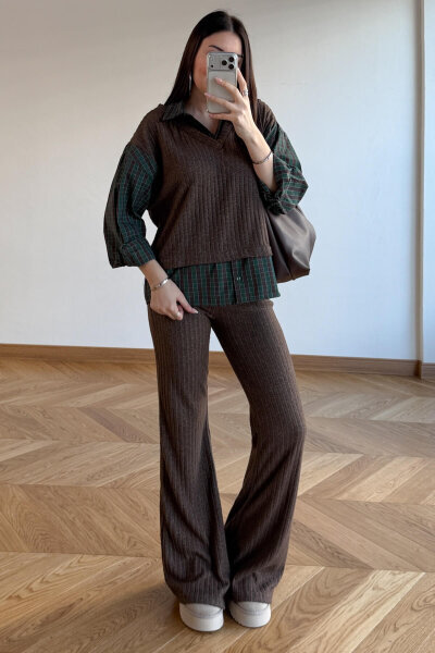 TKM-13370 Kahve Yeşil Ekose Triko Takım - Cappmoda (1)
