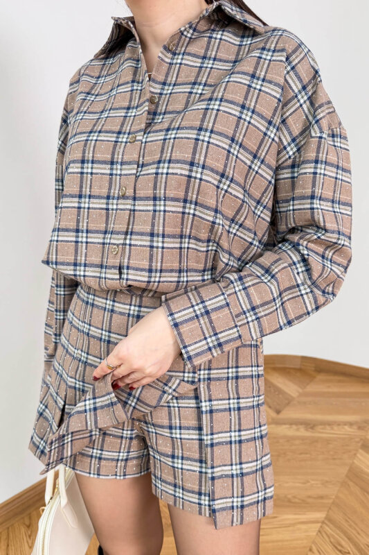 TKM-13371 Kahve-Lacivert Taş İşlemeli Ekose Gömlek Etek İkili Takım - 2