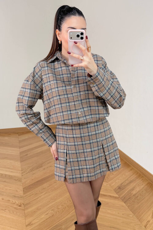 TKM-13371 Kahve-Lacivert Taş İşlemeli Ekose Gömlek Etek İkili Takım - 3