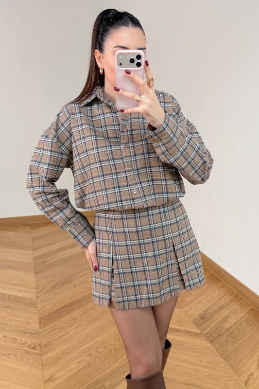 TKM-13371 Kahve-Lacivert Taş İşlemeli Ekose Gömlek Etek İkili Takım - 3