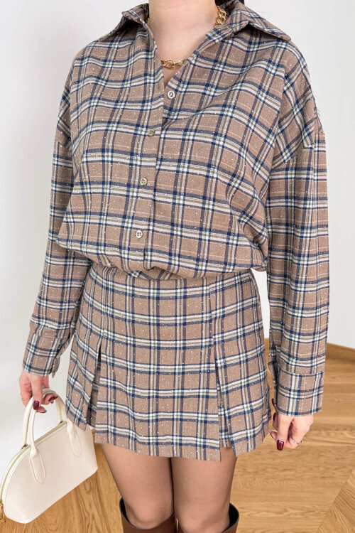 TKM-13371 Kahve-Lacivert Taş İşlemeli Ekose Gömlek Etek İkili Takım - 4