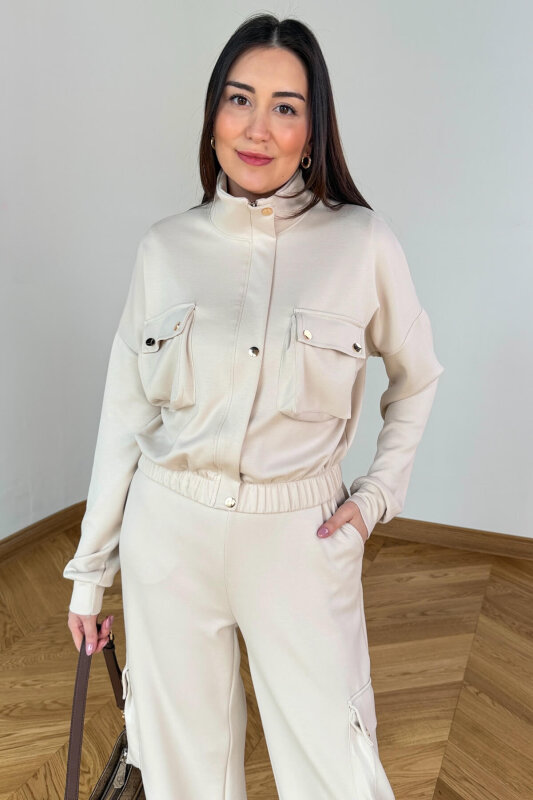 TKM-13372 Bej Kargo Cepli Çıtçıtlı Modal İkili Takım - 2