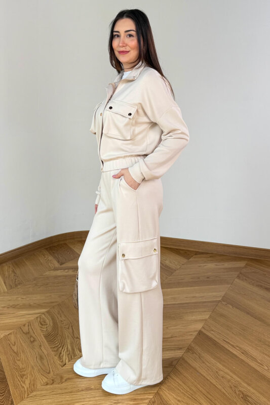 TKM-13372 Bej Kargo Cepli Çıtçıtlı Modal İkili Takım - 3