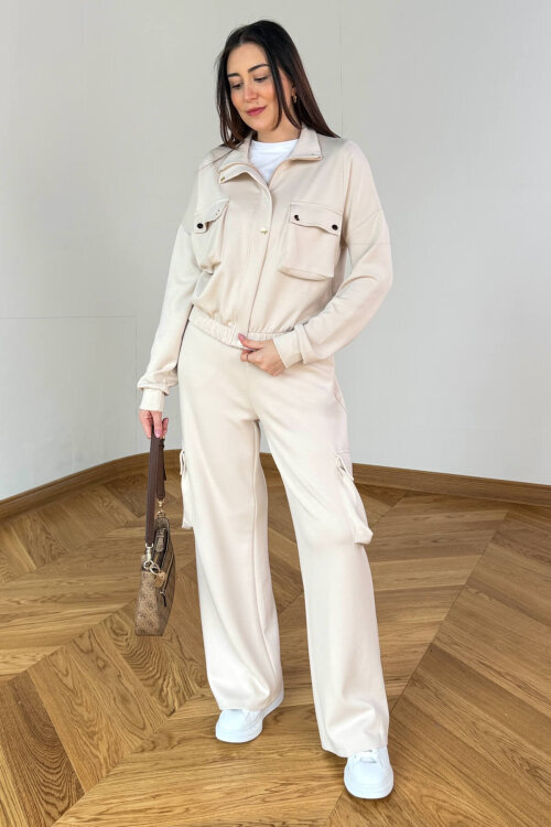 TKM-13372 Bej Kargo Cepli Çıtçıtlı Modal İkili Takım - 4