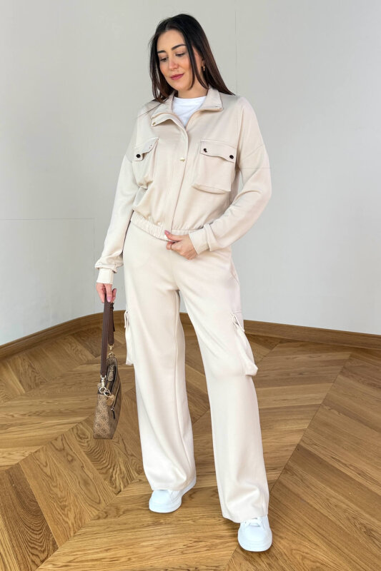 TKM-13372 Bej Kargo Cepli Çıtçıtlı Modal İkili Takım - 4