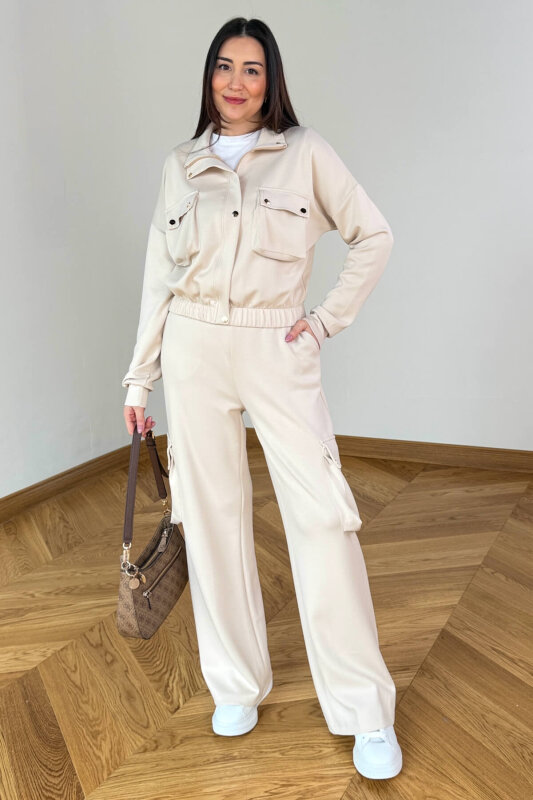 TKM-13372 Bej Kargo Cepli Çıtçıtlı Modal İkili Takım - 1