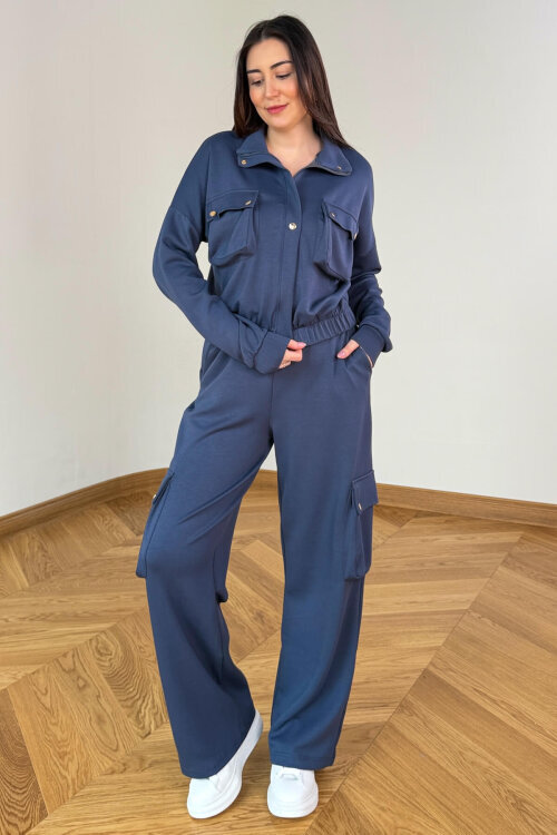 TKM-13372 İndigo Kargo Cepli Çıtçıtlı Modal İkili Takım