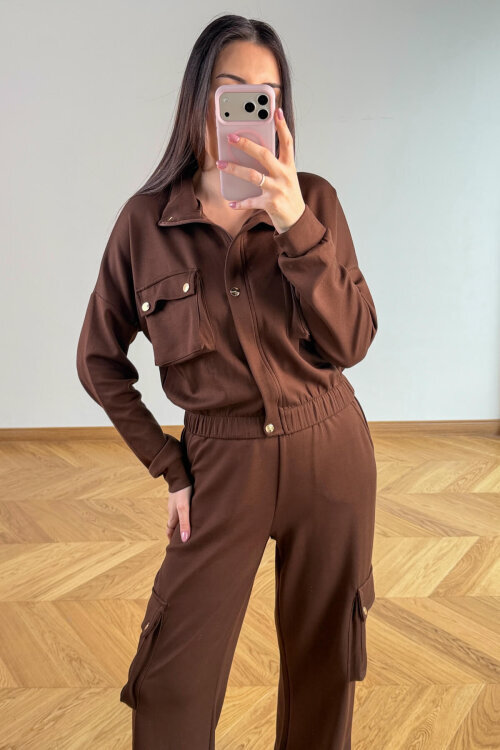 TKM-13372 Kahverengi Kargo Cepli Çıtçıtlı Modal İkili Takım - 6