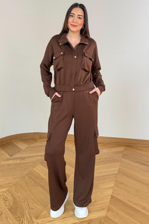 TKM-13372 Kahverengi Kargo Cepli Çıtçıtlı Modal İkili Takım