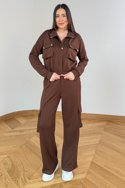 TKM-13372 Kahverengi Kargo Cepli Çıtçıtlı Modal İkili Takım - 7