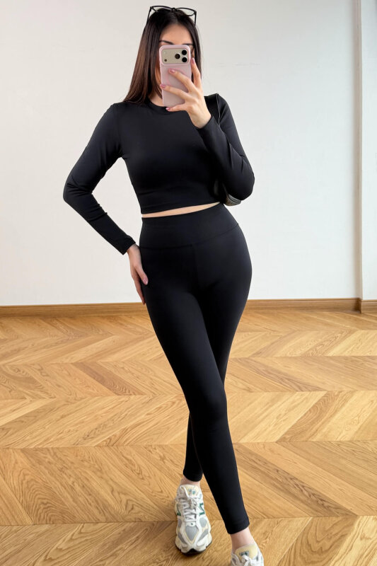 TKM-13373 Siyah Nefes Alan Kumaş İkili Tayt Takım - 3