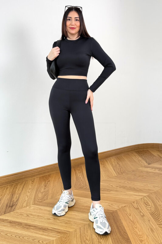 TKM-13373 Siyah Nefes Alan Kumaş İkili Tayt Takım - 5