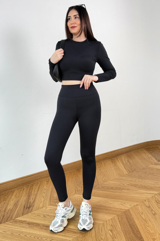 TKM-13373 Siyah Nefes Alan Kumaş İkili Tayt Takım - 1