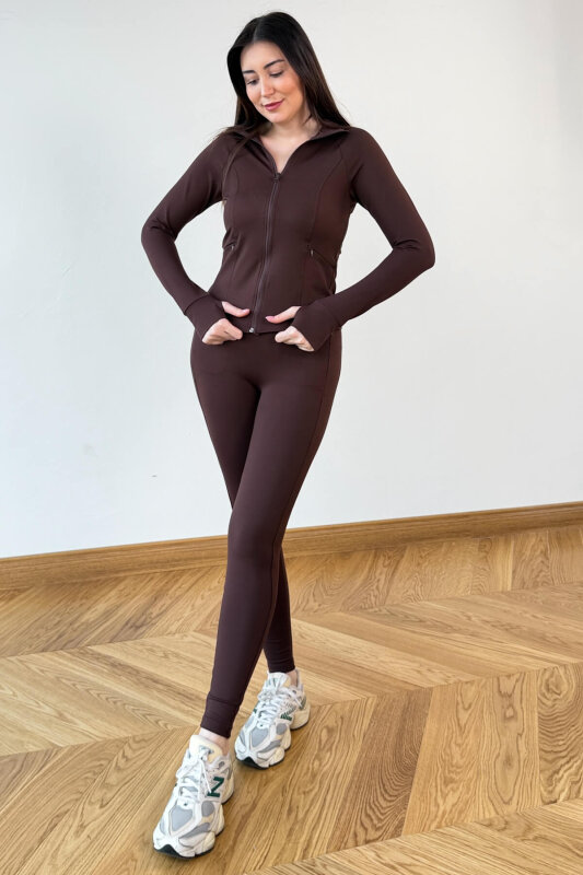 TKM-13374 Kahverengi Fermuarlı Cepli Toparlayıcı İkili Spor Takım - 3