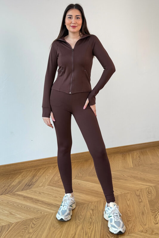 TKM-13374 Kahverengi Fermuarlı Cepli Toparlayıcı İkili Spor Takım - 1