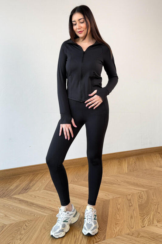 TKM-13374 Siyah Fermuarlı Cepli Toparlayıcı İkili Spor Takım - 1