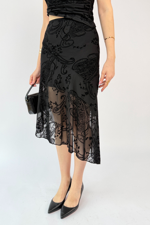 TKM-13375 Siyah Flok Baskılı Özel Tasarım Bluz Etek İkili Takım - 4