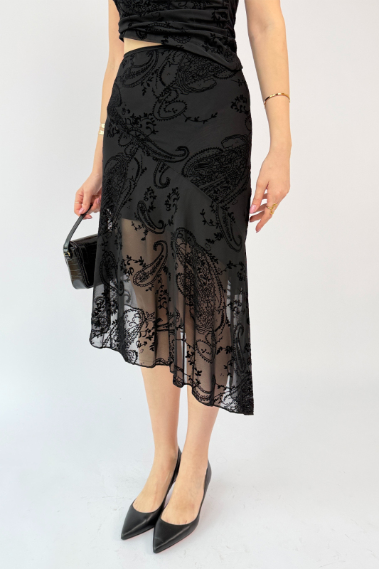 TKM-13375 Siyah Flok Baskılı Özel Tasarım Bluz Etek İkili Takım - 4