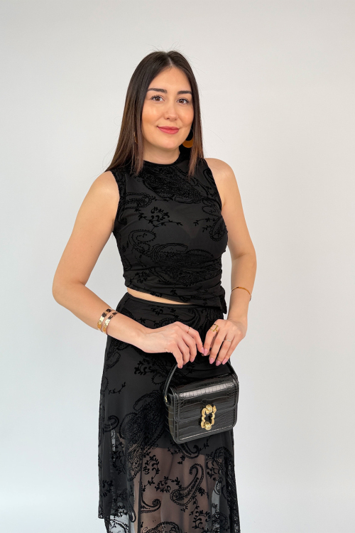 TKM-13375 Siyah Flok Baskılı Özel Tasarım Bluz Etek İkili Takım - 5