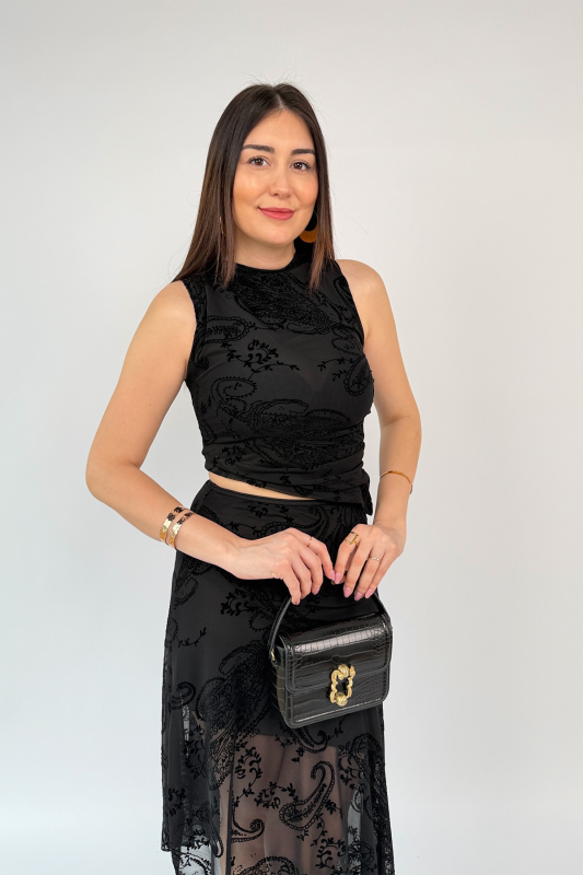 TKM-13375 Siyah Flok Baskılı Özel Tasarım Bluz Etek İkili Takım - 5