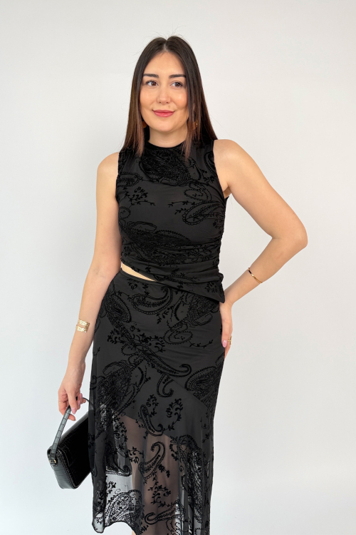 TKM-13375 Siyah Flok Baskılı Özel Tasarım Bluz Etek İkili Takım (1)