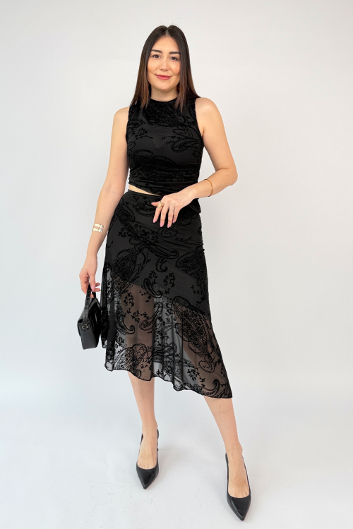 TKM-13375 Siyah Flok Baskılı Özel Tasarım Bluz Etek İkili Takım - 3