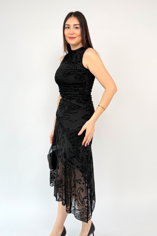 TKM-13375 Siyah Flok Baskılı Özel Tasarım Bluz Etek İkili Takım - 8