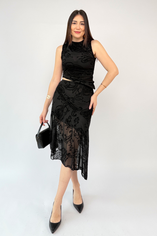 TKM-13375 Siyah Flok Baskılı Özel Tasarım Bluz Etek İkili Takım - 1