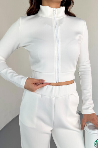TKM-1799 Beyaz Dalgıç Kumaş Fermuarlı Dik Yaka Spor Takım - 9