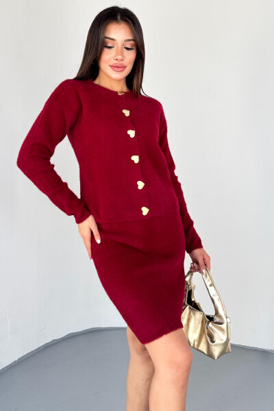 TKM-2028 Bordo Kalp Düğmeli Kürklü Etekli Takım  - 2