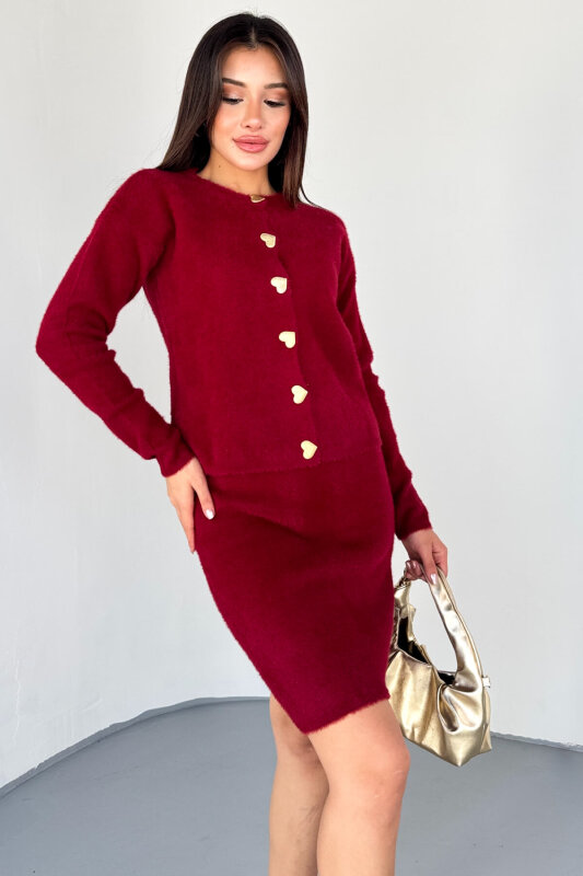 TKM-2028 Bordo Kalp Düğmeli Kürklü Etekli Takım  - 2