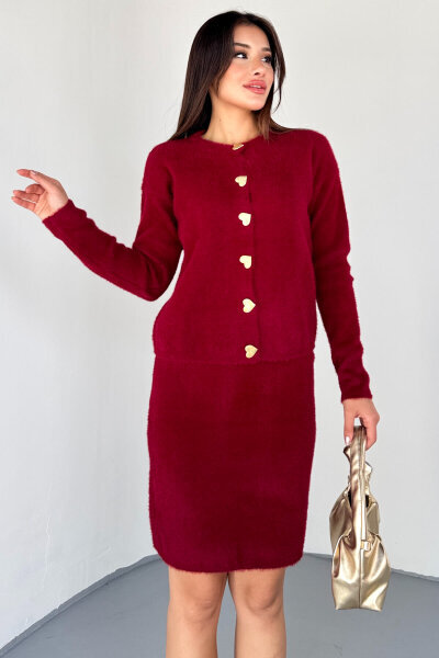 TKM-2028 Bordo Kalp Düğmeli Kürklü Etekli Takım  - 3