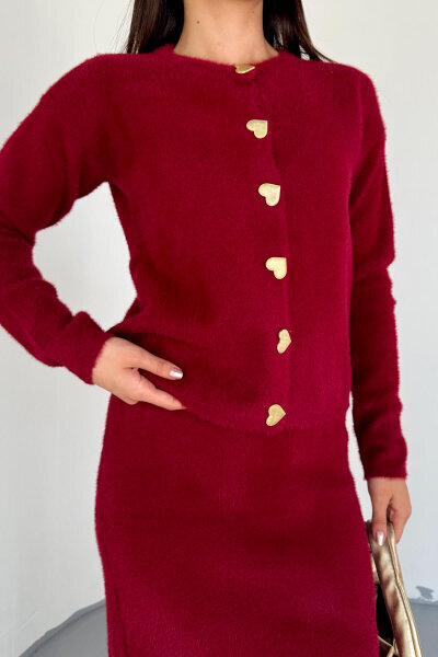 TKM-2028 Bordo Kalp Düğmeli Kürklü Etekli Takım  - 5