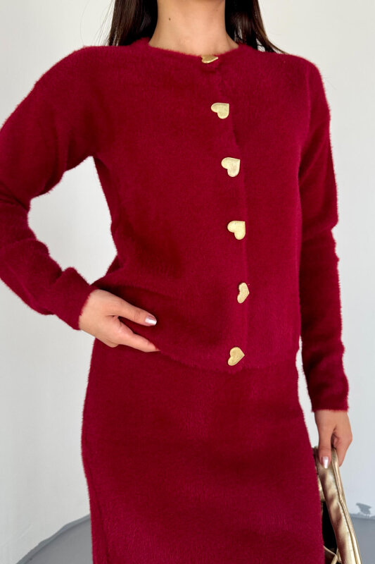 TKM-2028 Bordo Kalp Düğmeli Kürklü Etekli Takım  - 5