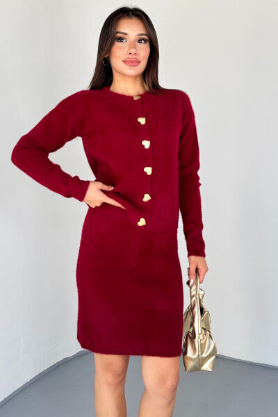 TKM-2028 Bordo Kalp Düğmeli Kürklü Etekli Takım  - 6
