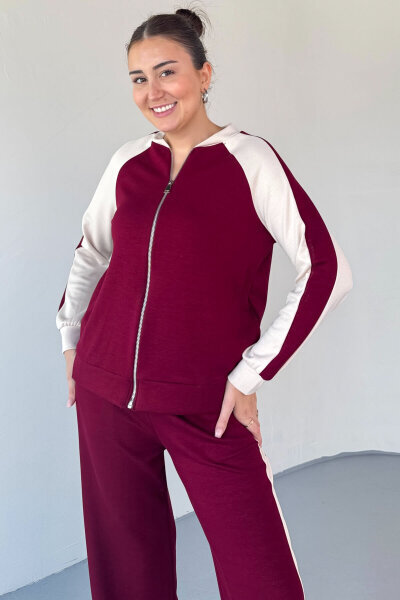 TKM-2303 Bordo Modal Kumaş Garnili Fermuarlı Sweat Takım - 2