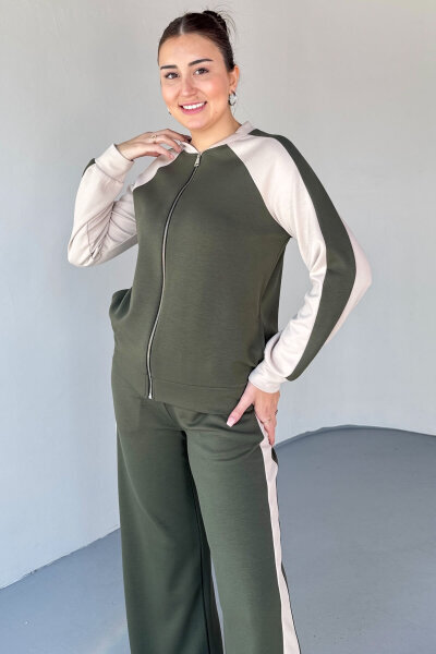 TKM-2303 Haki Modal Kumaş Garnili Fermuarlı Sweat Takım - 2