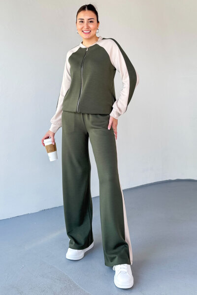 TKM-2303 Haki Modal Kumaş Garnili Fermuarlı Sweat Takım - 1