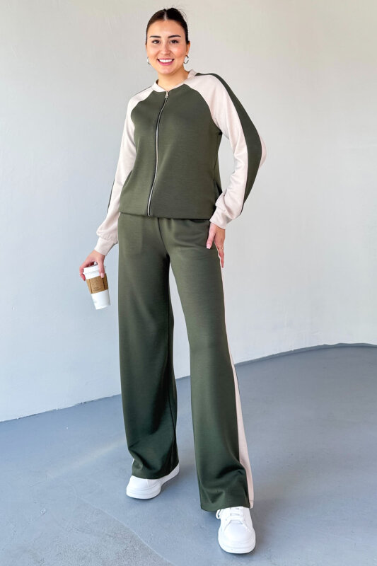 TKM-2303 Haki Modal Kumaş Garnili Fermuarlı Sweat Takım - 1