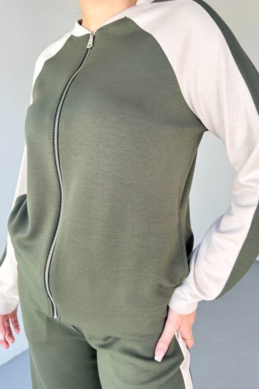 TKM-2303 Haki Modal Kumaş Garnili Fermuarlı Sweat Takım - 4