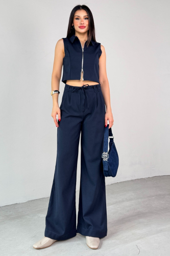 TKM-25102 Lacivert Sıfır Kol Fermuarlı Gömlek Yaka Yelek Yüksek Bel Pantolon İkili Takım - 4