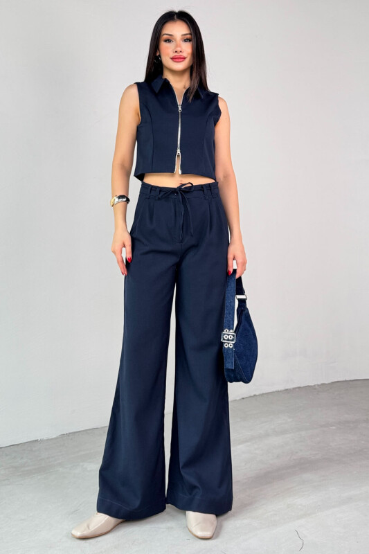TKM-25102 Lacivert Sıfır Kol Fermuarlı Gömlek Yaka Yelek Yüksek Bel Pantolon İkili Takım - 4
