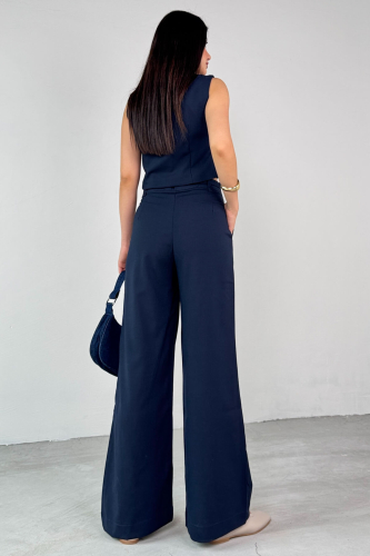 TKM-25102 Lacivert Sıfır Kol Fermuarlı Gömlek Yaka Yelek Yüksek Bel Pantolon İkili Takım - 5